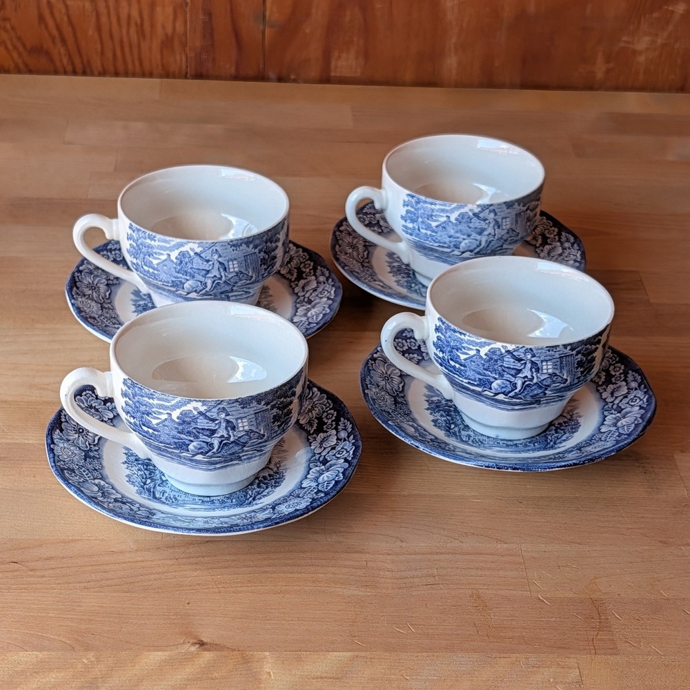 Blue Transferware Tea Cup and Saucer Set - 4pc